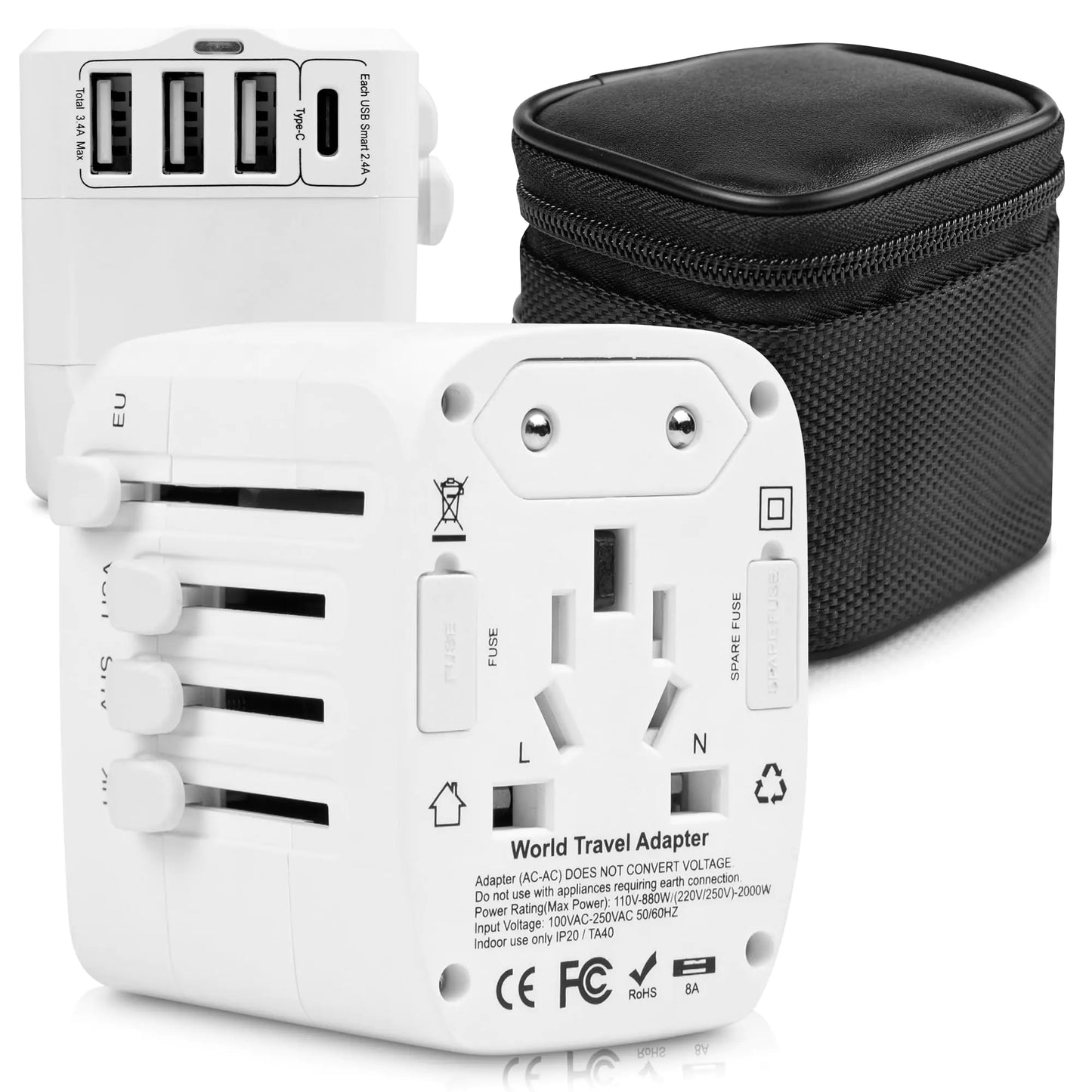 Universal International Travel Power Adapter W/High Speed 2.4A USB 3.0A Type-C Wall Charger European Adapter Worldwide AC Outlet Plugs Adapters for Europe UK US AU Asia (White)