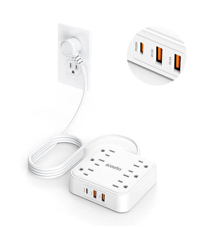 Power Strip with 20W USB Ports – 6 AC Outlets, 3 USB Ports (USB-C), 5 ft Flat Plug Extension Cord for Home, Office, Travel and Cruise Use