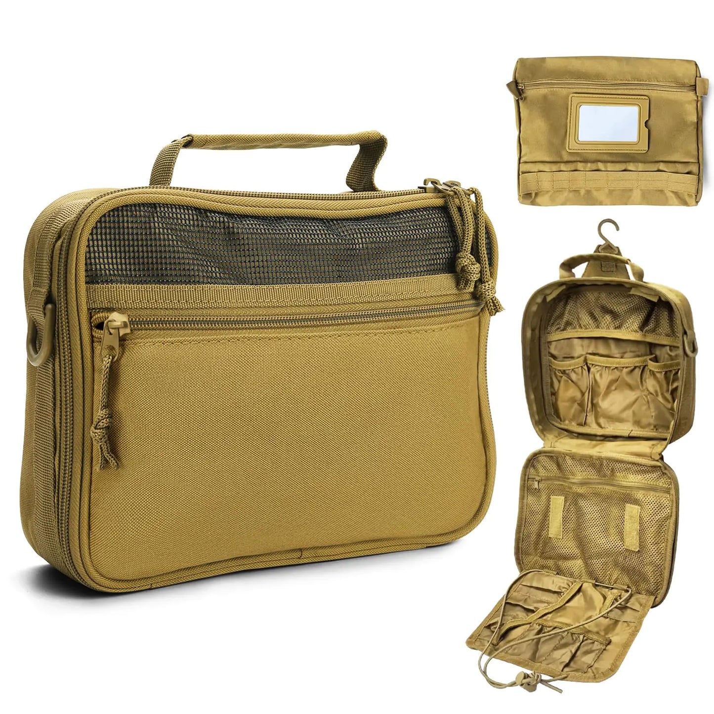 Men’s Hanging Toiletry Travel Bag – Durable Oxford Dopp Kit with Multiple Compartments, Travel Mirror and Hook for Easy Use (Khaki)