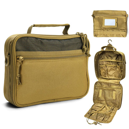 Men’s Hanging Toiletry Travel Bag – Durable Oxford Dopp Kit with Multiple Compartments, Travel Mirror and Hook for Easy Use (Khaki)